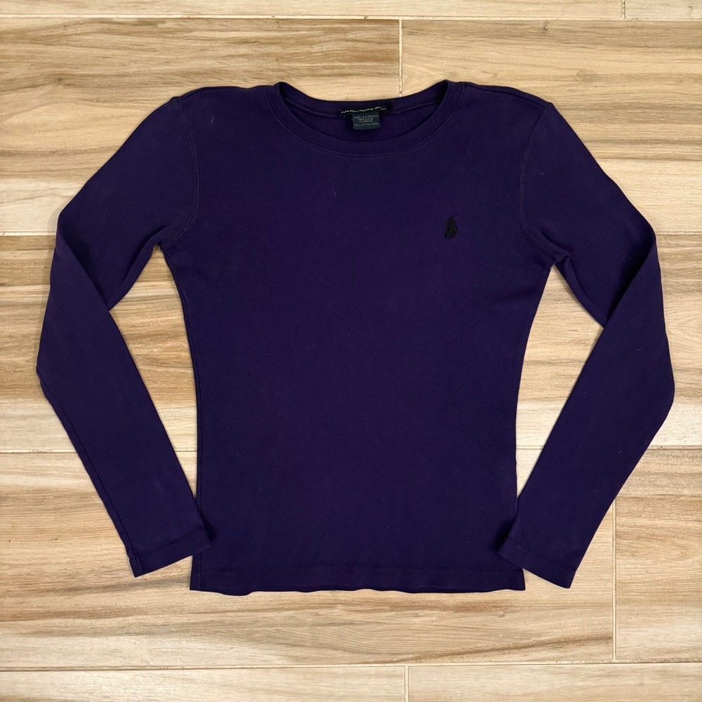 Ralph Lauren Sport Womens Small Purple Long Sleeve Ribbed Cotton T-Shirt Pony